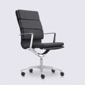 Chaise de bureau design en cuir noir et aluminium chromé version haute - Alberto Premium