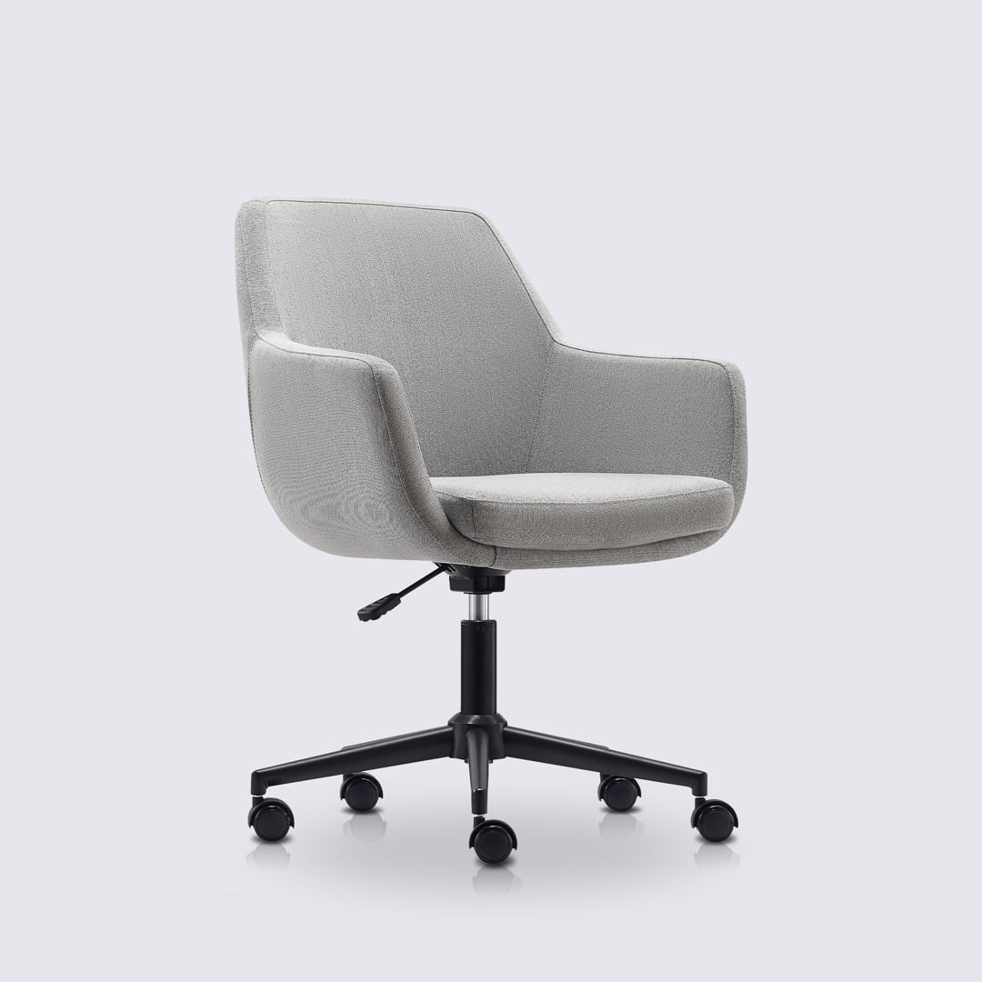 fauteuil de bureau design emma avec roulette et accoudoir en tissu linen gris clair et base noir matte