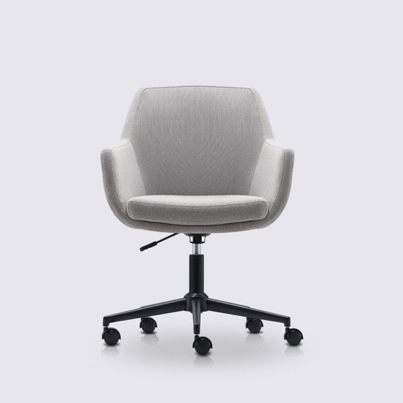 chaise de bureau ergonomique emma avec roulette et accoudoir en tissu linen gris clair et base noir matte