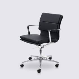 Chaise de bureau design en cuir noir et aluminium chromé - Alberto Premium