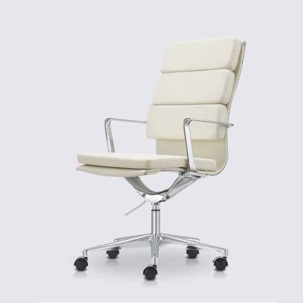 chaise de bureau eames design dossier haut roulette accoudoir en cuir blanc chrome alberto premium