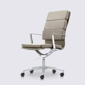 Chaise de bureau design en cuir gris et aluminium chromé version haute – Alberto Premium