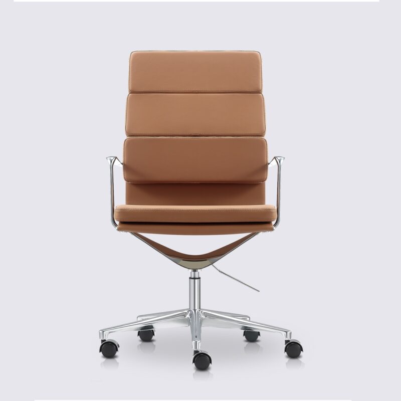 chaise de bureau design dossier haut avec roulette et accoudoir en cuir cognac et aluminium chrome alberto premium