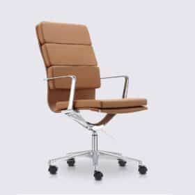 Chaise de bureau design en cuir cognac et aluminium chromé version haute - Alberto Premium