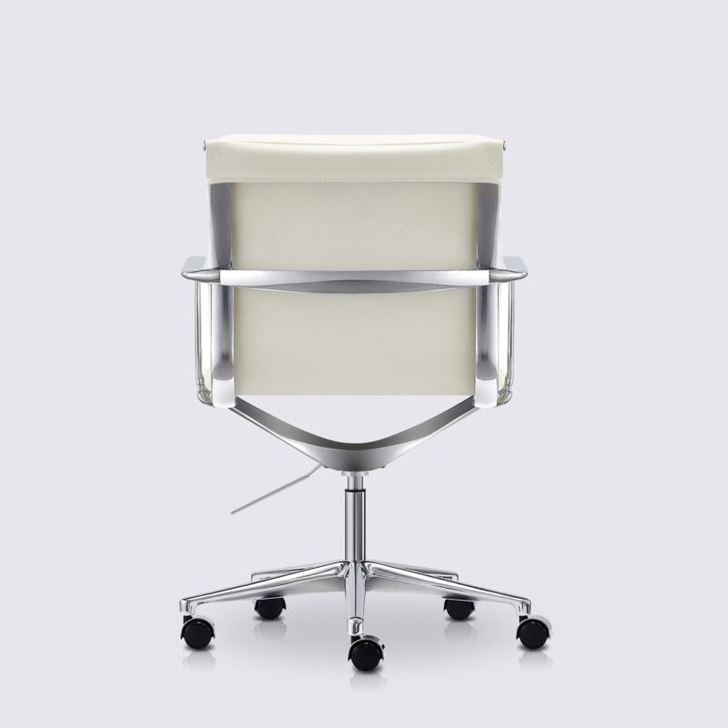chaise de bureau ergonomique design avec roulette et accoudoir en cuir blanc et aluminium chrome alberto premium