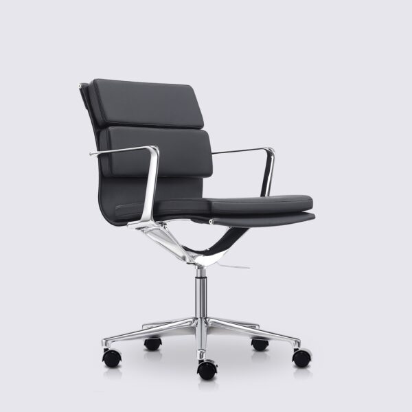 chaise de bureau ergonomique design avec roulette et accoudoir en cuir noir et aluminium chrome alberto premium