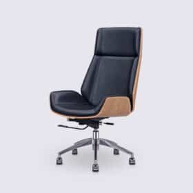 Chaise de bureau en cuir noir, bois de frêne et alu poli version haute - Nordic