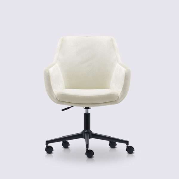 fauteuil de bureau ergonomique emma avec roulette et accoudoir en tissu velours blanc crème et base noir matte