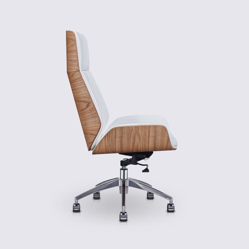 chaise de bureau ergonomique style eames bois de frêne cuir blanc dossier haut et roulettes