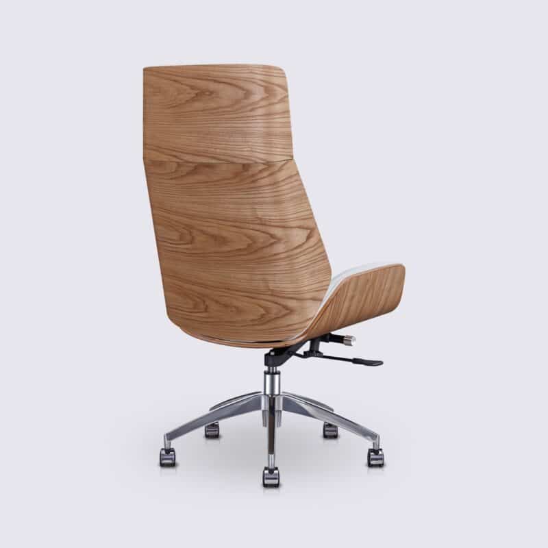 chaise de bureau scandinave style eames bois de frêne cuir blanc dossier haut et roulettes