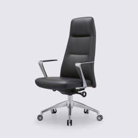 Chaise de bureau design en cuir pleine fleur noir et aluminium chromé, version haute - Leandro