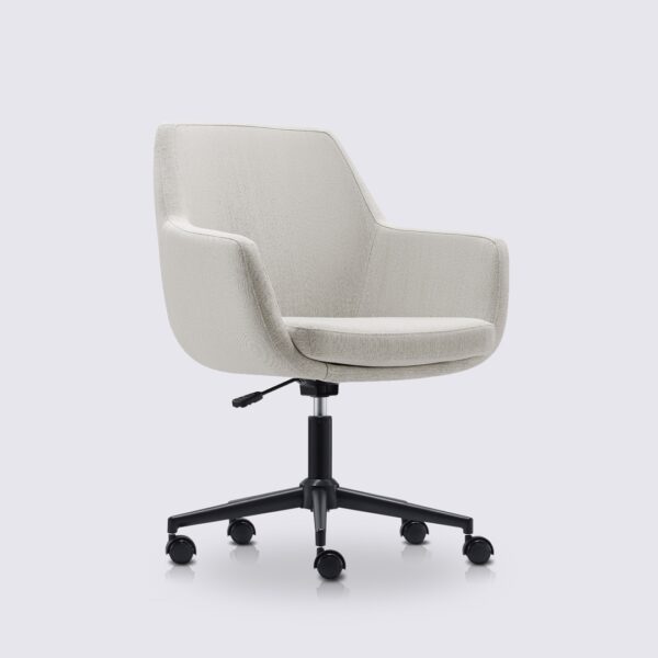 chaise de bureau ergonomique emma avec roulette et accoudoir en tissu linen crème clair et base noir matte