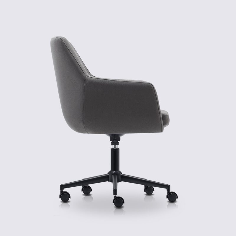 fauteuil de bureau scandinave emma avec roulette et accoudoir en tissu linen gris foncé et base noir matte