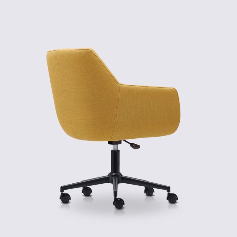 chaise de bureau design emma avec roulette et accoudoir en tissu linen jaune moutarde et base noir matte