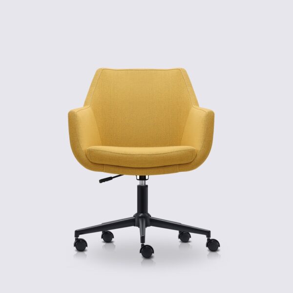chaise de bureau ergonomique emma avec roulette et accoudoir en tissu linen jaune moutarde et base noir matte