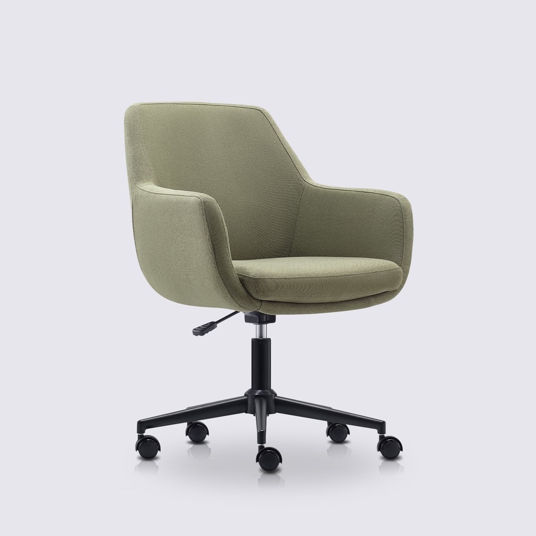 chaise de bureau scandinave emma avec roulette et accoudoir en tissu linen vert et base noir matte