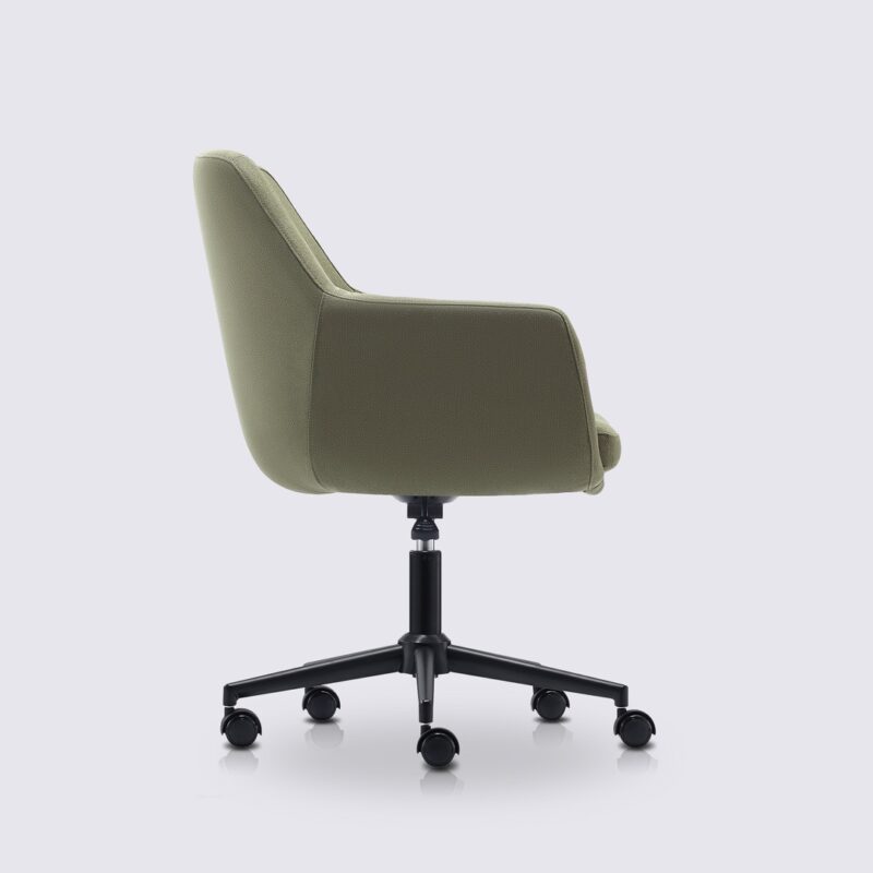 fauteuil de bureau scandinave emma avec roulette et accoudoir en tissu linen vert et base noir matte