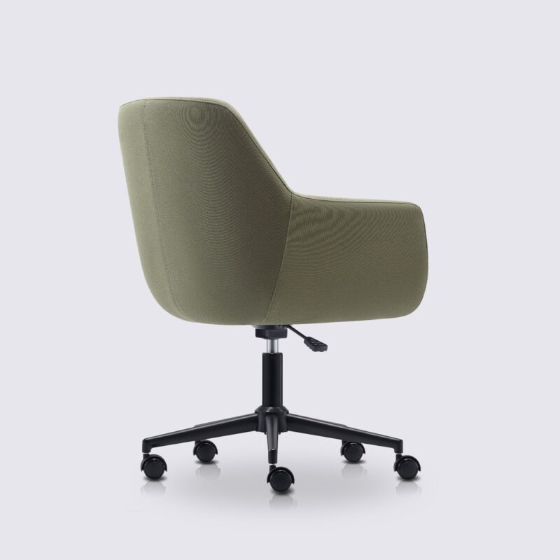chaise de bureau design emma avec roulette et accoudoir en tissu linen vert et base noir matte