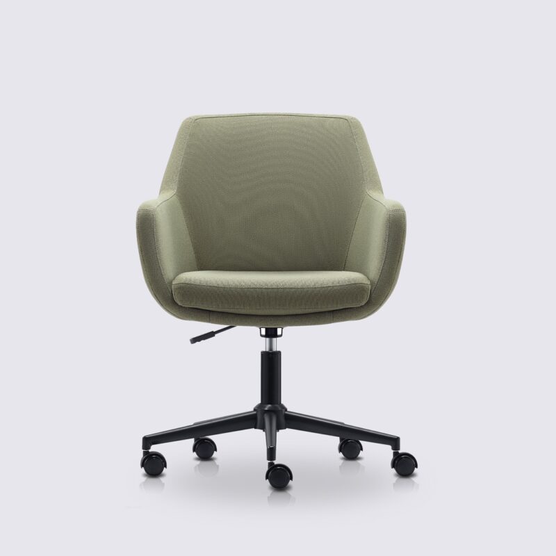 chaise de bureau moderne emma avec roulette et accoudoir en tissu linen vert et base noir matte