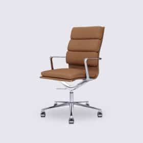 Chaise de bureau design en cuir cognac et aluminium chromé version haute - Alberto Premium