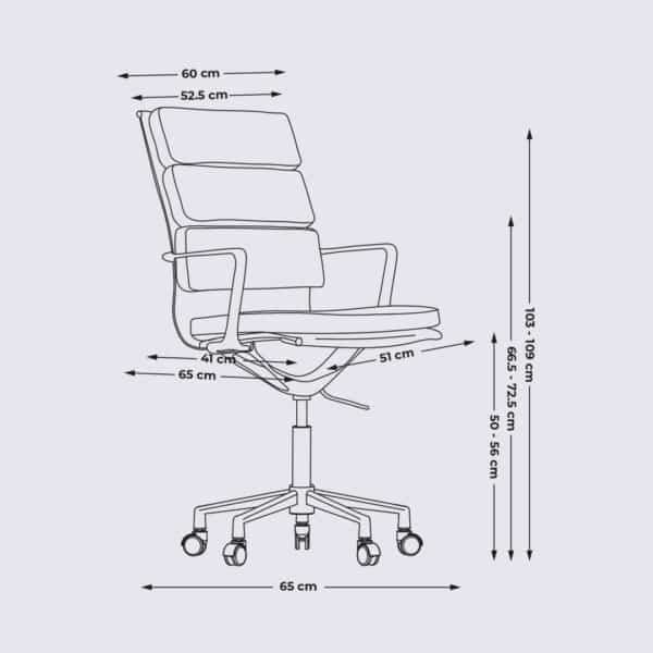 dimension chaise de bureau design eams dossier haut avec roulette et accoudoir en cuir noir et aluminium chrome alberto premium