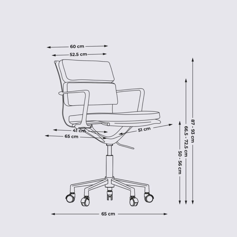 dimension chaise de bureau ergonomique design avec roulette et accoudoir en cuir et aluminium chrome alberto premium