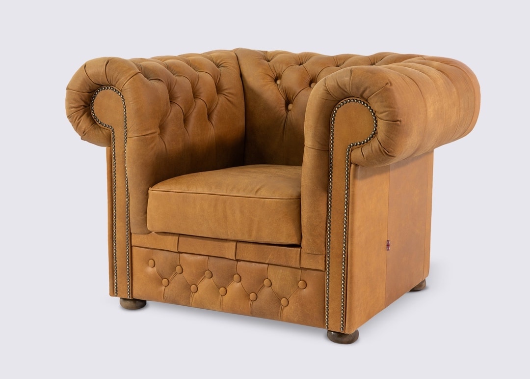 fauteuil capitonné haut de gamme en cuir italien aniline premium camel