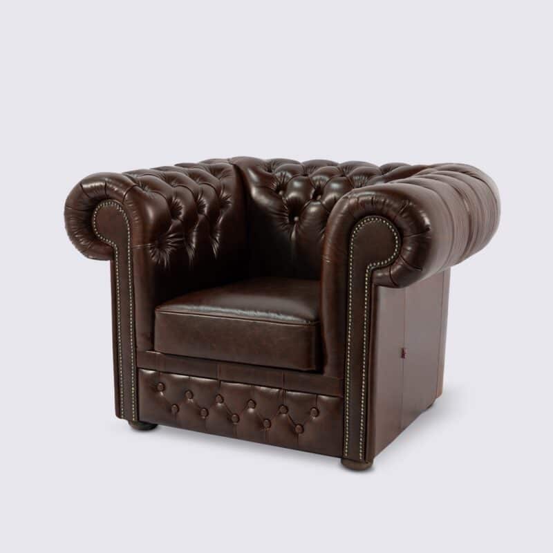 fauteuil chesterfield haut de gamme en cuir italien aniline premium marron vintage