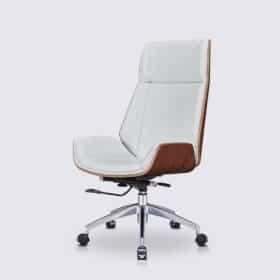 Chaise de bureau en cuir blanc, bois de noyer et alu poli version haute