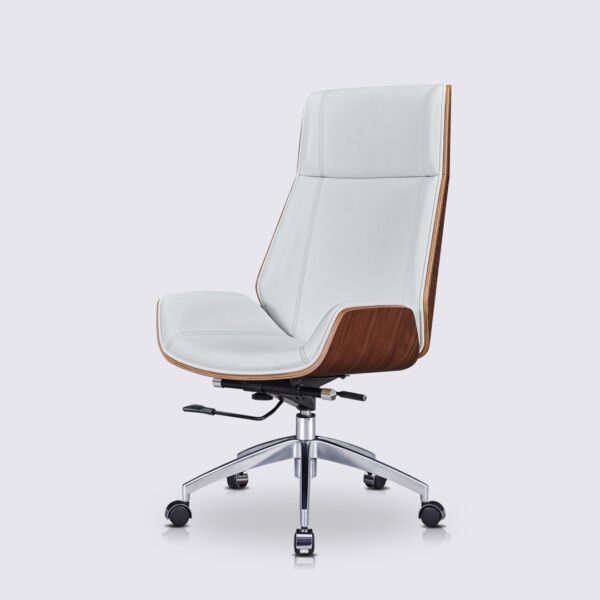 fauteuil de bureau en cuir blanc et bois de noyer style eames ajustable sans accoudoir