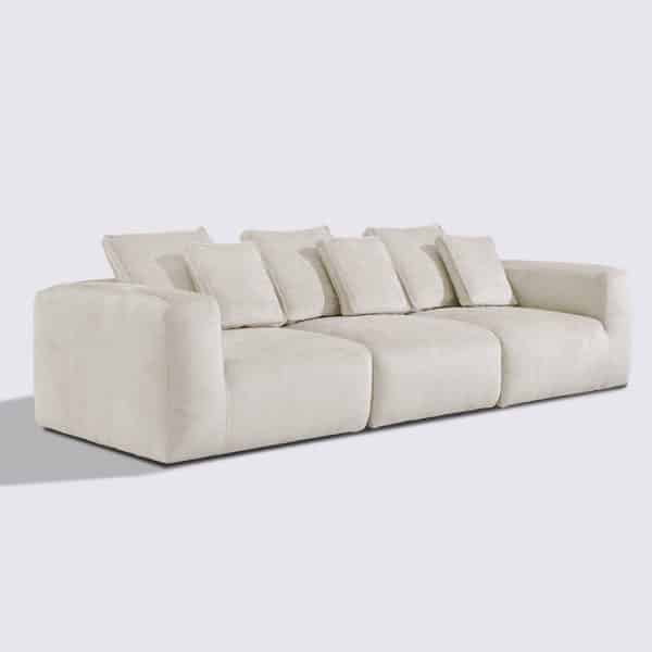 canapé droit 4 places tissu velours texturé crème modulable marbellia haut de gamme luxe large assise xxl