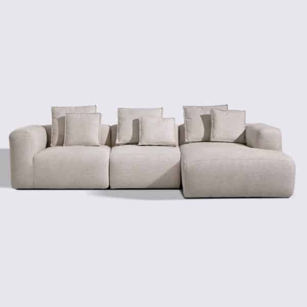 canapé d'angle droit tissu texturé naturel crème modulable 4 place marbellia haut de gamme luxe large assise xxl méridienne