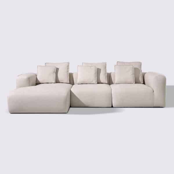 canapé d'angle gauche tissu crème modulable 4 place marbellia haut de gamme luxe large assise xxl méridienne