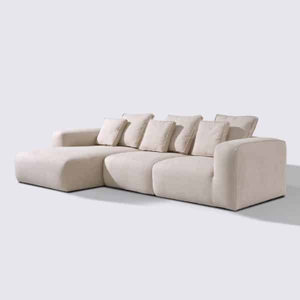 canapé d'angle gauche tissu beige modulable 4 place marbellia haut de gamme luxe large assise xxl méridienne