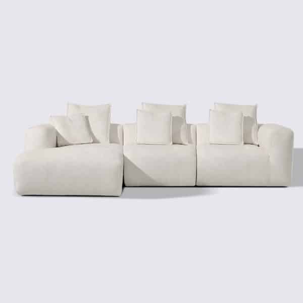 canapé d'angle gauche velours blanc crème modulable 4 place marbellia haut de gamme luxe large assise xxl méridienne