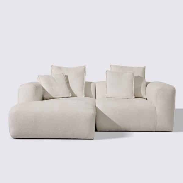canapé d'angle gauche velours texturé crème modulable 3 place marbellia haut de gamme luxe large assise avec méridienne