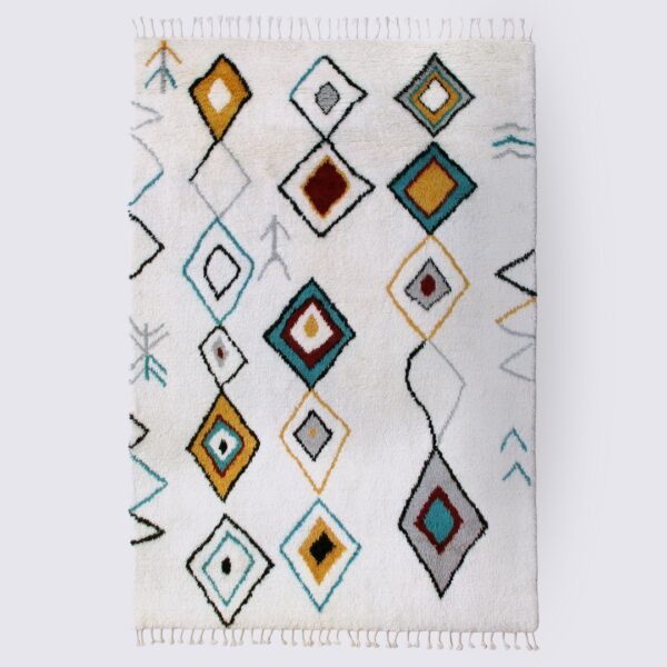 Tapis salon berbère marocain beige blanc bleu rouge noué à la main coloré en laine nouvelle zelande 160x230cm Abla copy
