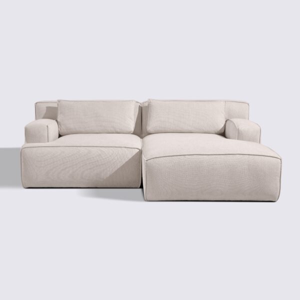 canapé d'angle droit tissu beige modulable 3 places lorenzo haut de gamme luxe large assise xxl méridienne