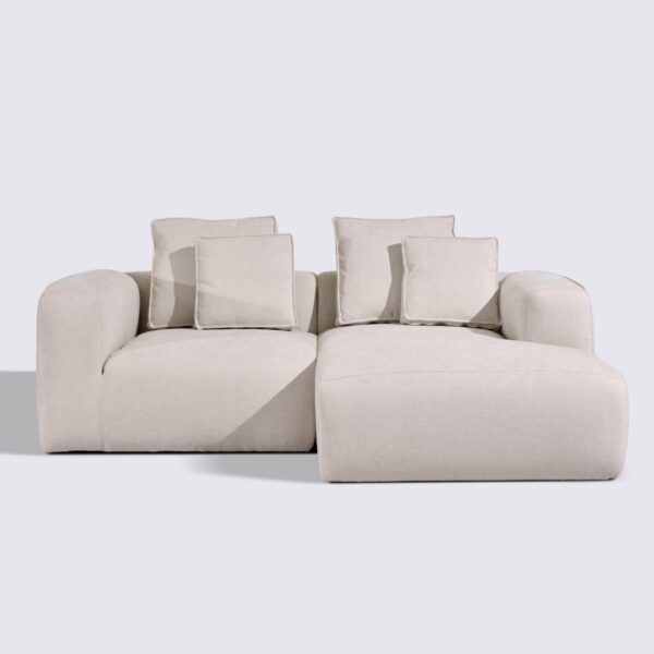 canapé d'angle côté droit tissu beige modulable 3 places marbellia haut de gamme luxe large assise xxl méridienne
