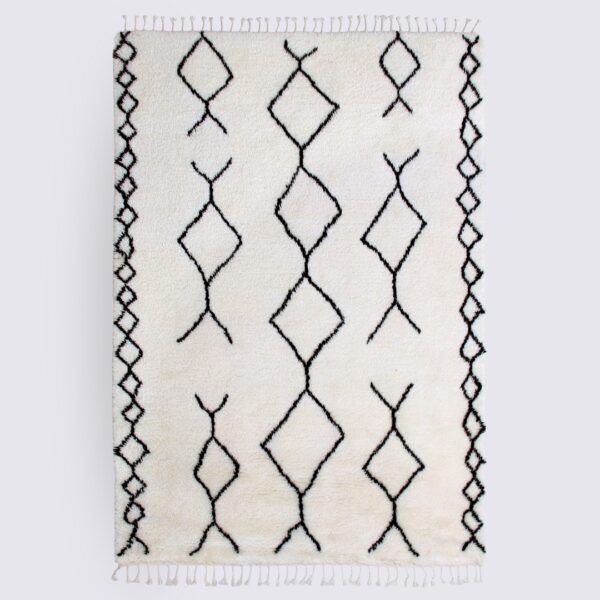 tapis de salon berbère marocain blanc noir et beige fait main shaggy en laine nouvelle zelande 200x300cm tahira