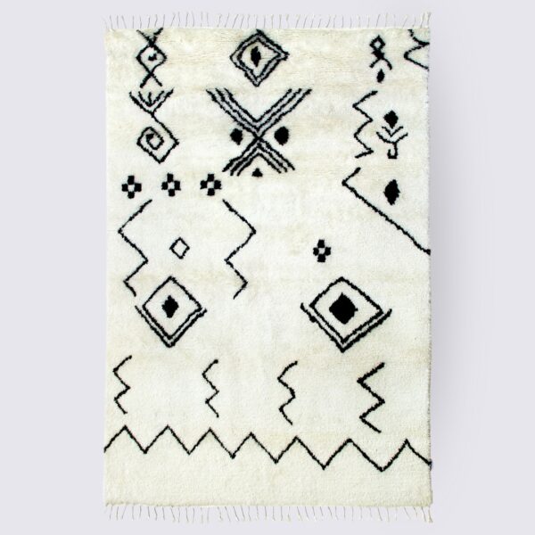 tapis salon berbère marocain noir et blanc fait main shaggy en laine nouvelle zelande 160x230cm aziza