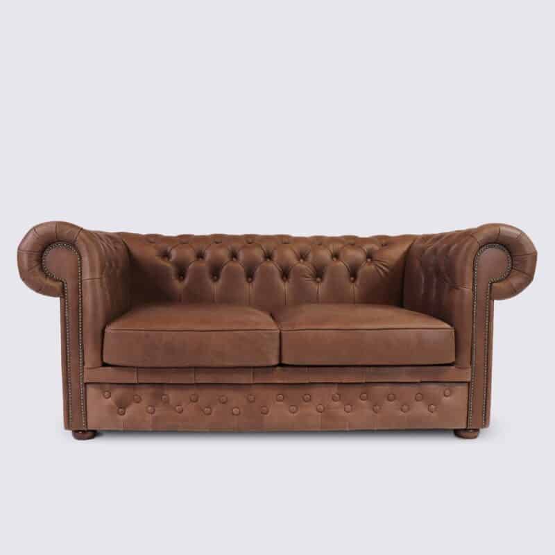 canapé chesterfield 2 places cuir marron chocolat aniline anglais capitonné