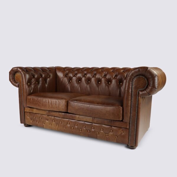 canapé chesterfield 2 places cuir marron vintage anglais capitonné