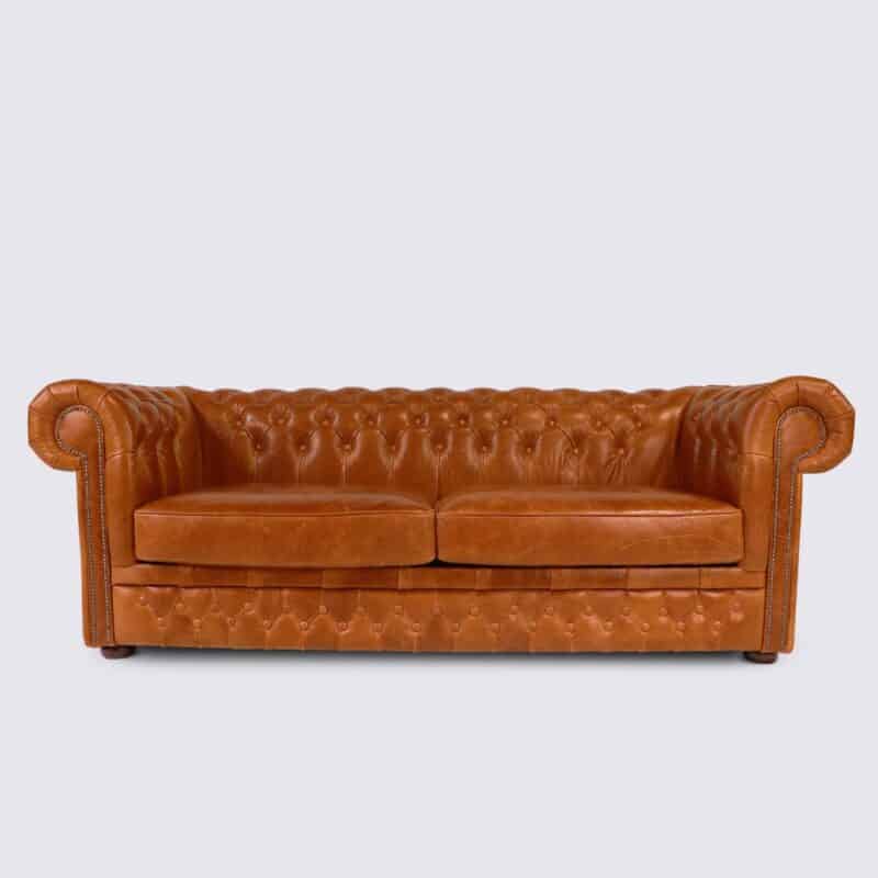 canapé chesterfield 3 place cuir marron camel vintage aniline anglais capitonné