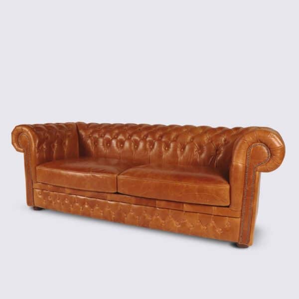 canapé chesterfield 3 place cuir marron camel vintage aniline anglais capitonné salon