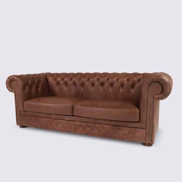 canapé chesterfield 3 places cuir marron chocolat aniline anglais capitonné salon