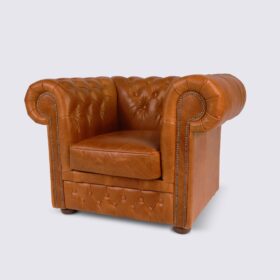 Fauteuil chesterfield en cuir aniline camel vintage – Smith