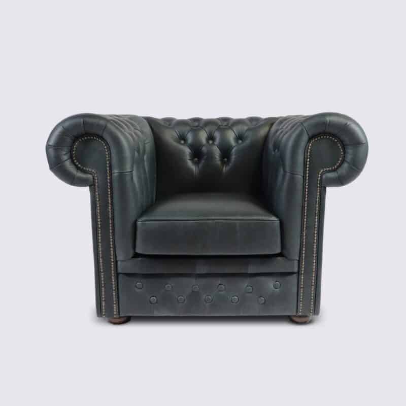 fauteuil chesterfield 1 place cuir gris foncé nuit aniline anglais capitonné