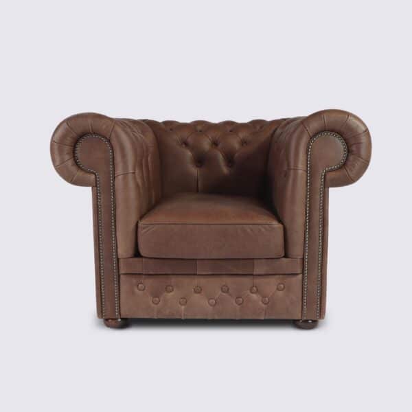 fauteuil chesterfield 1 place cuir marron chocolat aniline anglais capitonné