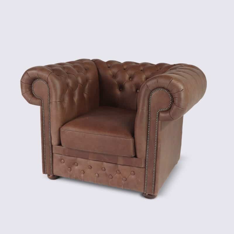 fauteuil chesterfield 1 place cuir marron chocolat aniline anglais capitonné chambre à coucher